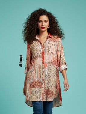 Tamara H. Patchwork Tunic Shirt Dress M Pink Semi Sheer Button Up Side Slit